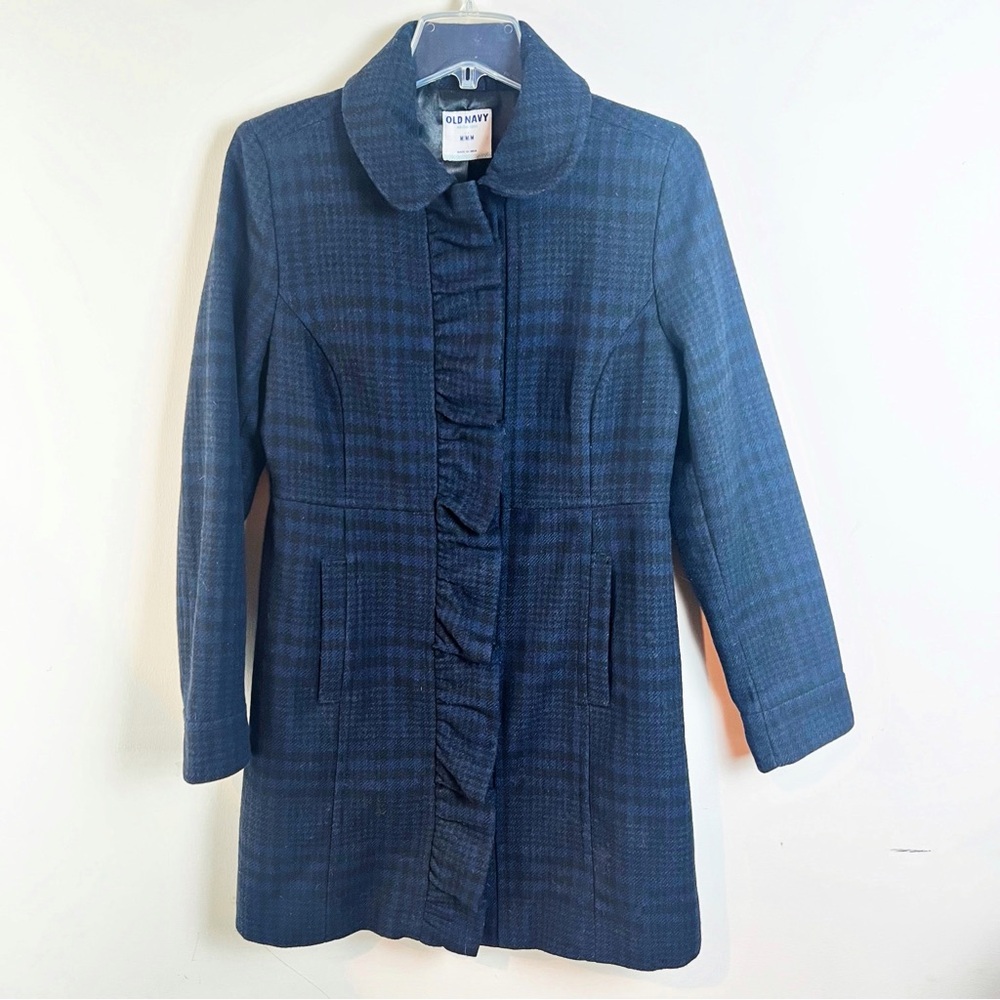 Old Navy Plaid Wool Blend Pea Coat Ruffle Medium Academia Pockets Navy Black - Picture 10 of 10